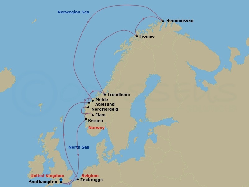 14 Night Norwegian Fjords, Arctic Circle Route Map