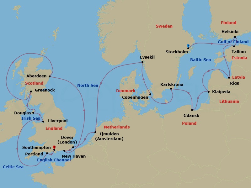 22 Night Northern Europe Voyage Route Map