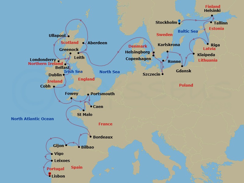 Baltic & Western Europe Combination Cruise: Helsinki, Glasgow & Bordeaux Route Map