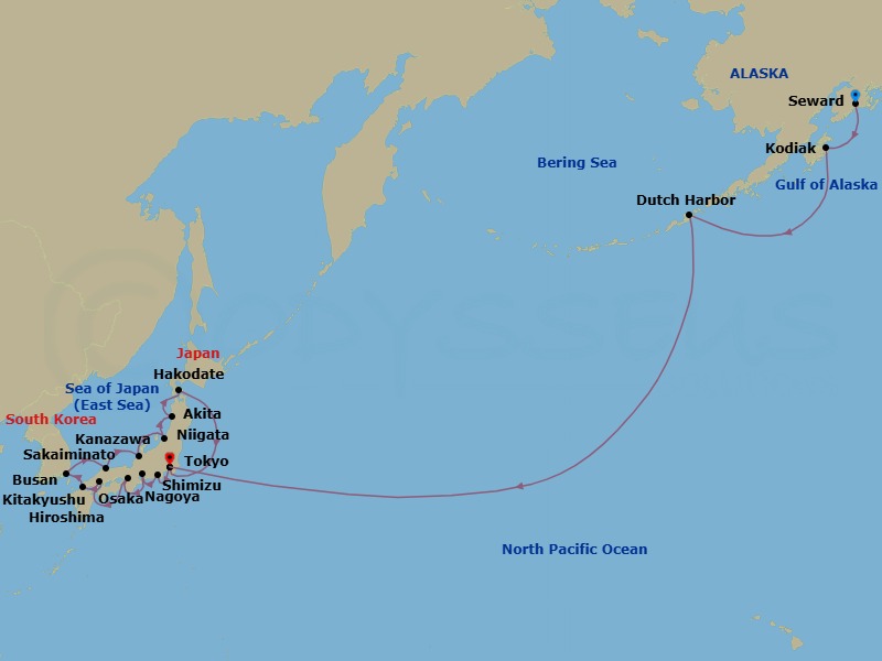 Alaska & Japan Combination Cruise: Seward, Nagoya & Osaka Route Map