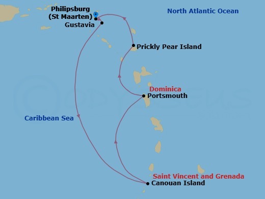 Lesser Antilles Featuring The Grenadines & Dominica Route Map