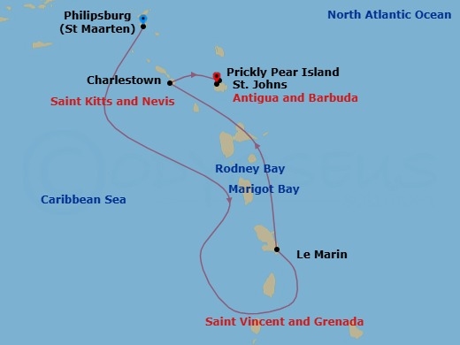 Lesser Antilles Featuring St Lucia & Nevis Route Map