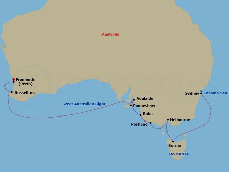 13-Day World Cruise: Exploring Australia's Southern Shores Route Map