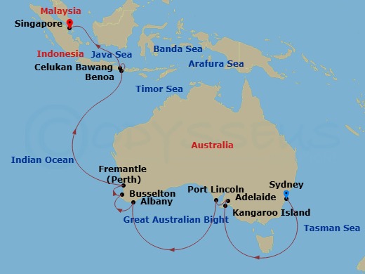 Australia & Bali Cruise: Sydney, Kangaroo Island & Singapore Route Map