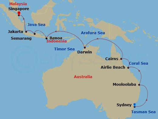 Australia & Indonesia Cruise: Cairns, Darwin & Singapore Route Map