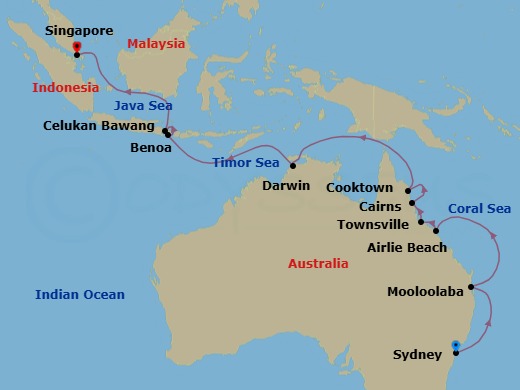 Australia & Indonesia Cruise: Darwin, Cairns & Bali Route Map