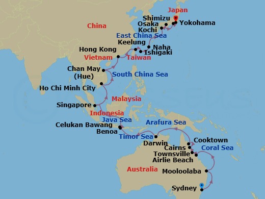 Australia, Vietnam & Japan Combination Cruise: Cairns, Ho Chi Minh City & Yokohama Route Map