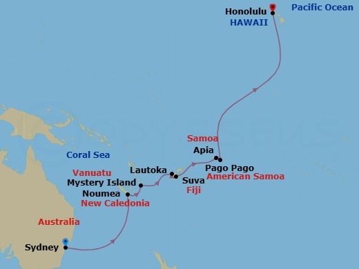 19 Night Australia, Hawaii Transpacific Route Map