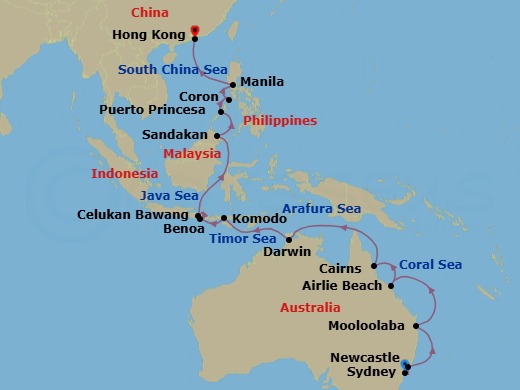 Australia & Asia Combination Cruise: Cairns, Bali & Hong Kong Route Map