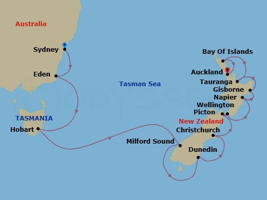 Australia & New Zealand Cruise: Sydney, Wellington & Auckland Route Map