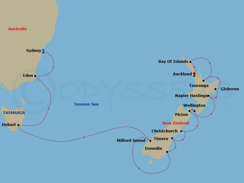 Australia & New Zealand Cruise: Sydney, Christchurch & Auckland Route Map