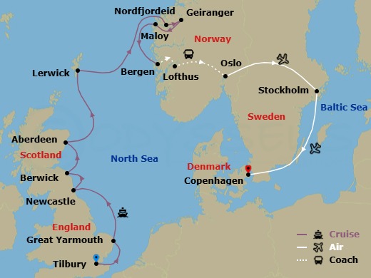 Scandinavian Discovery & Norwegian Fjords - Cruise & Land Journey Route Map