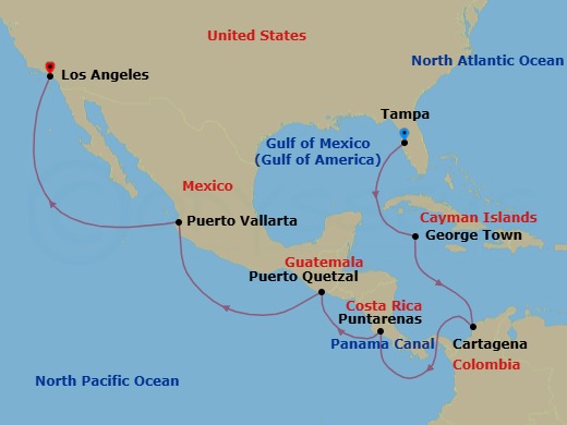 15 Night Panama Canal Cruise Route Map