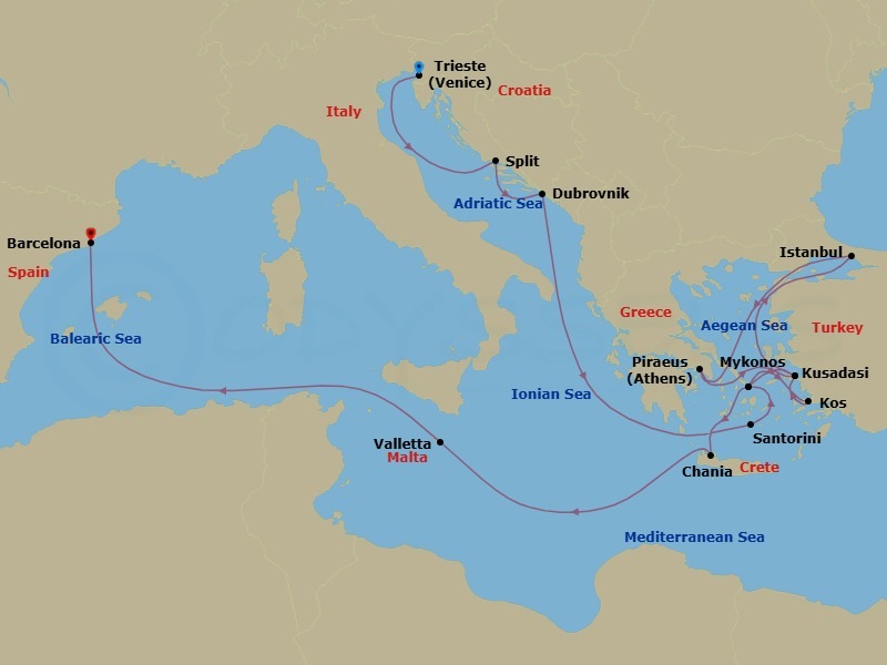 18-Day Greek Isles: Croatia, Malta & Istanbul Overnight Route Map