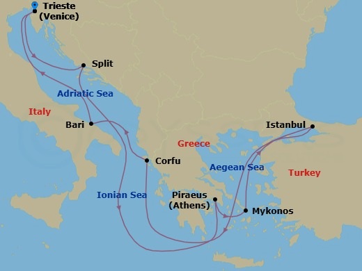 Mediterranean, 9 Nights Route Map