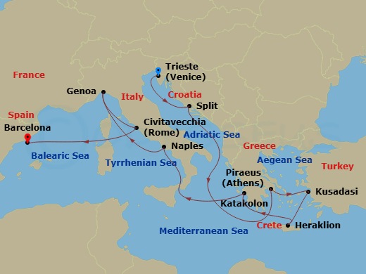 Mediterranean, 12 Nights Route Map