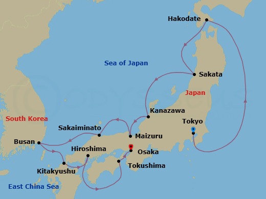Japan Intensive Cruise: Tokyo, Kanazawa & Hiroshima Route Map