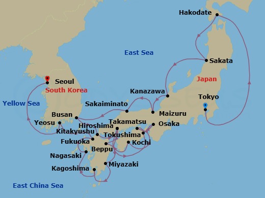 Japan Intensive Combination Cruise: Hakodate, Osaka & Kochi Route Map