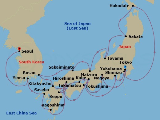 Japan Intensive Combination Cruise: Tokyo, Hiroshima & Kobe Route Map