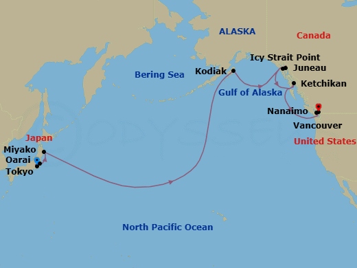 Transpacific Cruise: Tokyo, Alaska & Vancouver Route Map