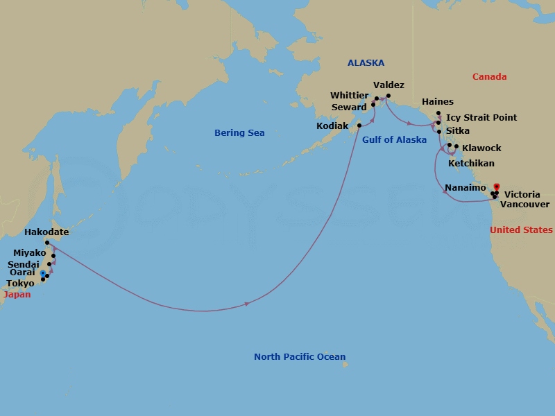 Japan & Alaska Transpacific Combination Cruise: Tokyo, Kodiak & Victoria Route Map
