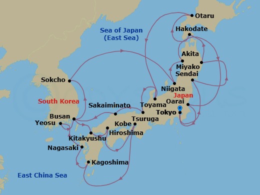 Japan & Korea Combination Cruise: Sapporo, Kobe & Busan Route Map