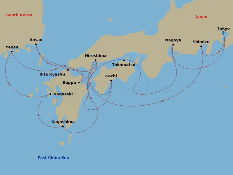Japan Intensive Combination Cruise: Tokyo, Kobe & Hiroshima Route Map