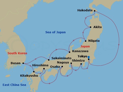 Japan Intensive Cruise: Tokyo, Osaka & Akita Route Map