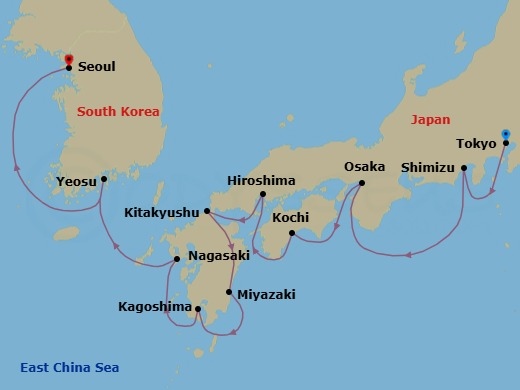 Japan Intensive Cruise: Mt. Fuji, Osaka & Nagasaki Route Map