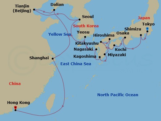 Japan, Korea & China Combination Cruise: Tokyo, Seoul & Shanghai Route Map