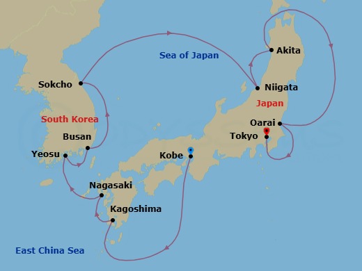 Japan And South Korea Cruise: Kagoshima, Sokcho & Tokyo Route Map
