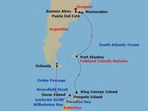 Argentina, Antarctica & Uruguay Cruise: Ushuaia, Punta Del Este & Montevideo Route Map