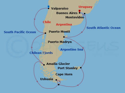 South America & The Chilean Fjords Route Map