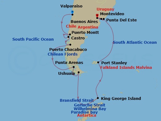 Chile, Antarctica & Falkland Islands Combination Cruise: Chilean Fjords, Ushuaia & Montevideo Route Map