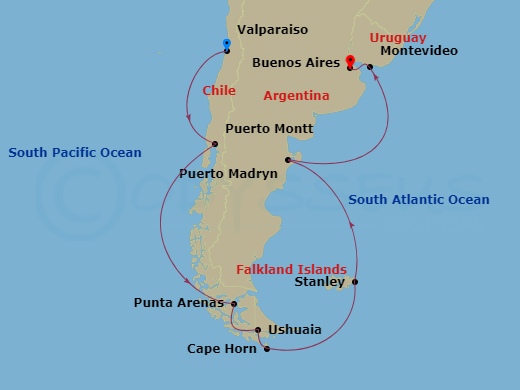 South America & The Chilean Fjords Route Map