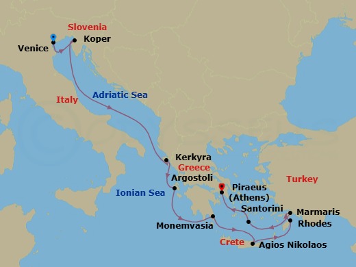 Greece Intensive Cruise: Corfu, Rhodes & Santorini Route Map
