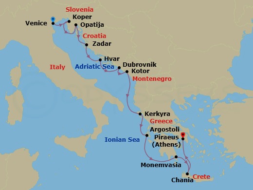 Italy, Croatia & Greece Cruise: Venice, Dubrovnik & Corfu Route Map