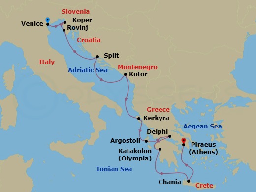 Slovenia, Croatia & Greece Cruise: Koper, Split & Delphi Route Map
