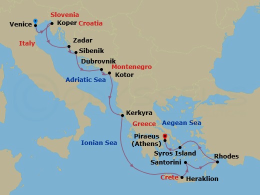Croatia & Greece Cruise: Dubrovnik, Corfu & Santorini Route Map