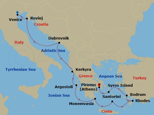 Croatia, Greece & Turkey Cruise: Dubrovnik, Santorini & Bodrum Route Map