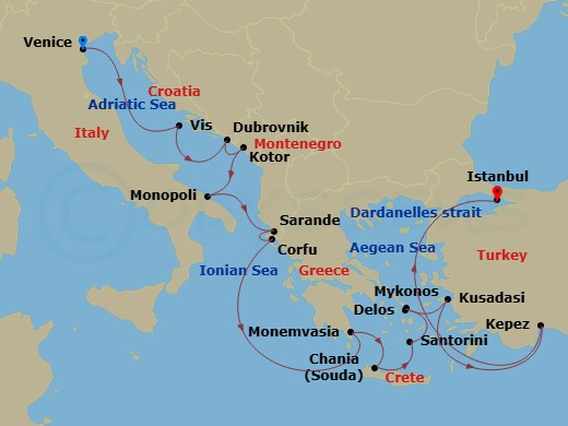 Iconic Greek Islands & Gallipoli Peninsula Route Map