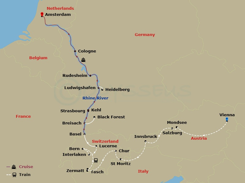 The Best Of Austria & Switzerland With Romantic Rhine Route Map