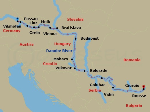 14 Night Grand Danube Wine Cruise Route Map
