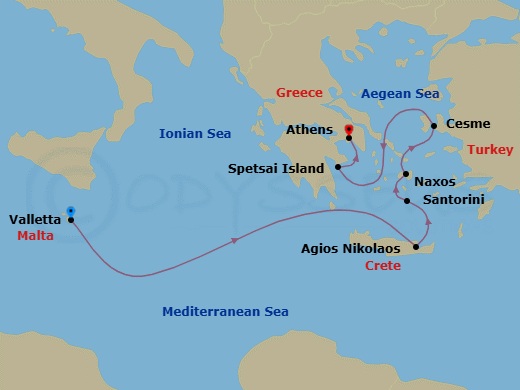 Greek Isles Featuring Santorini & Çesme Route Map
