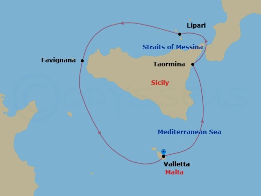 Grand Mediterranean Featuring Valletta & Taormina Route Map