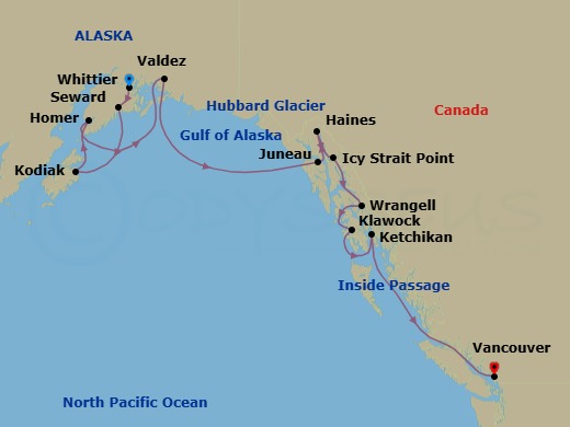 Alaskan Fjords & The Inside Passage Route Map