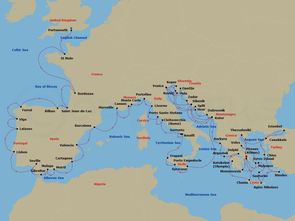 Portsmouth To Athens Grand Voyage Route Map