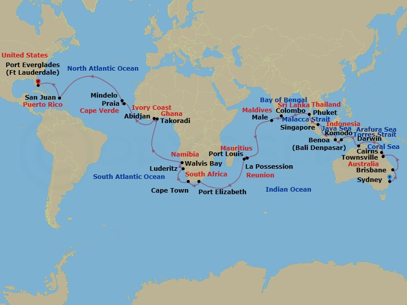 63-Day Grand World Voyage Route Map