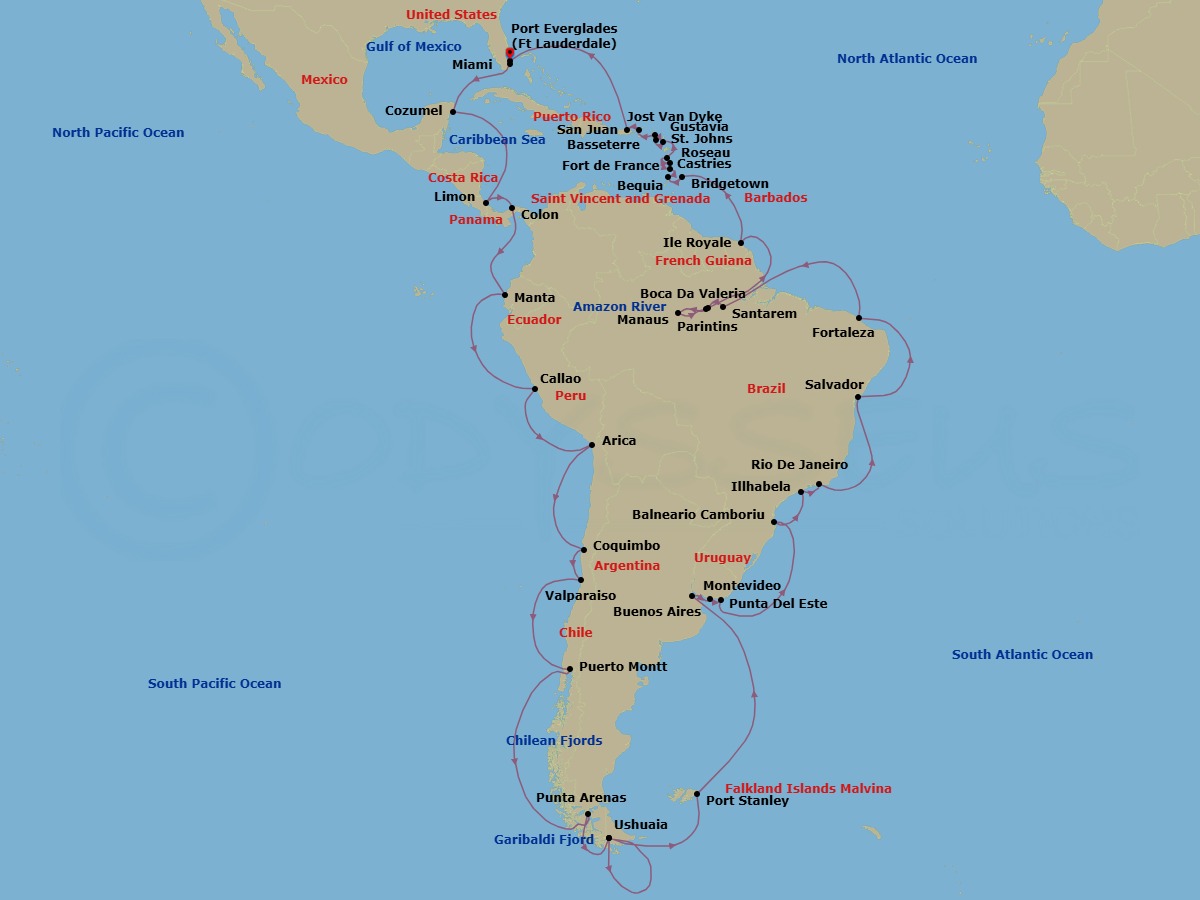 77 Night Caribbean Voyage Route Map