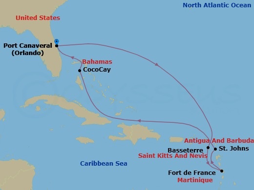 9 Nights Perfect Day Cococay & East Carib Route Map